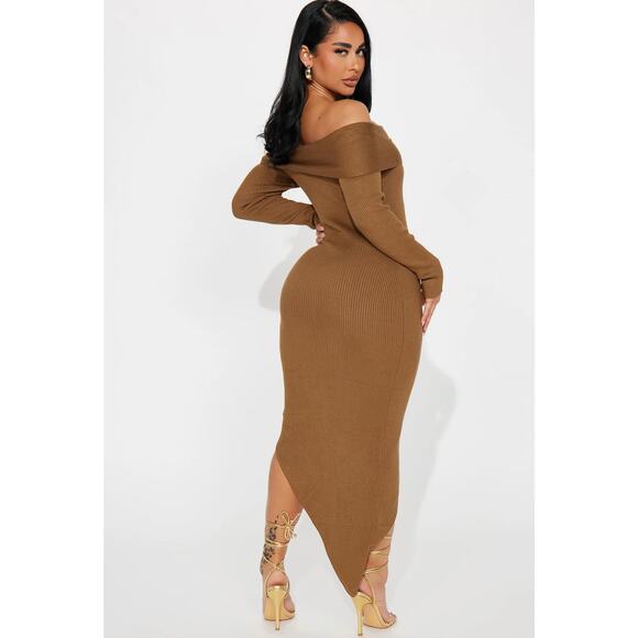 NWT Fashion Nova Tamara Camel Ribbed Knit Sweater Maxi Bodycon Dress Size L - Picture 2 of 12